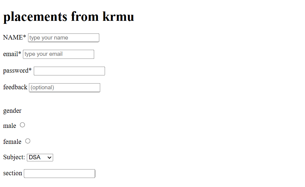 Form created for collecting student's data.